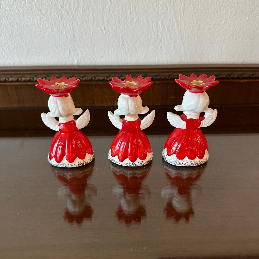 Vintage Napcoware Napco 1628 Poinsettia NOEL Angels Candle Holders *Missing O* - Picture 3 of 6
